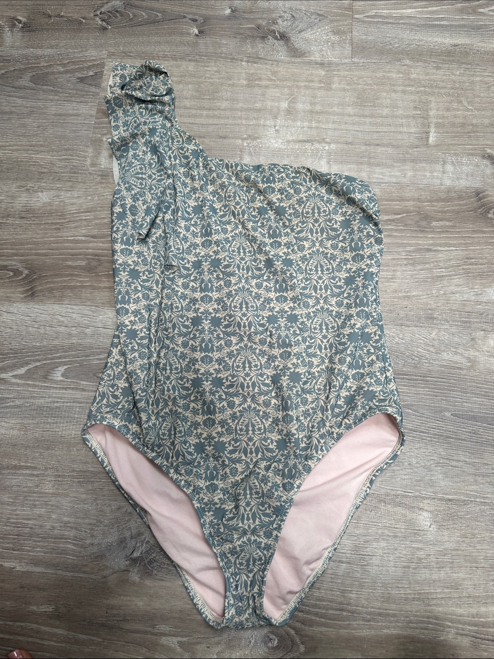 Antonio Milani one Shoulder Floral Print  One-Piece Swimsuit in Sage and Cream.
